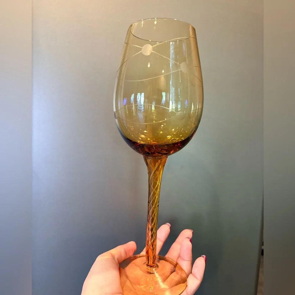 Vintage MCM Eisch Pirouette Amber Glasses, Air Twist Space Age Orbital Pattern 4